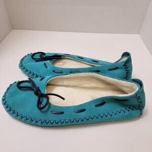 Vermont Store Suede Moccasin Slipper Womens 11 Blue Brushed Terry Adjustable